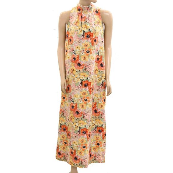 Frances Valentine Floral Printed Slim Maxi Dress Bright Poppy Cotton XS 275115